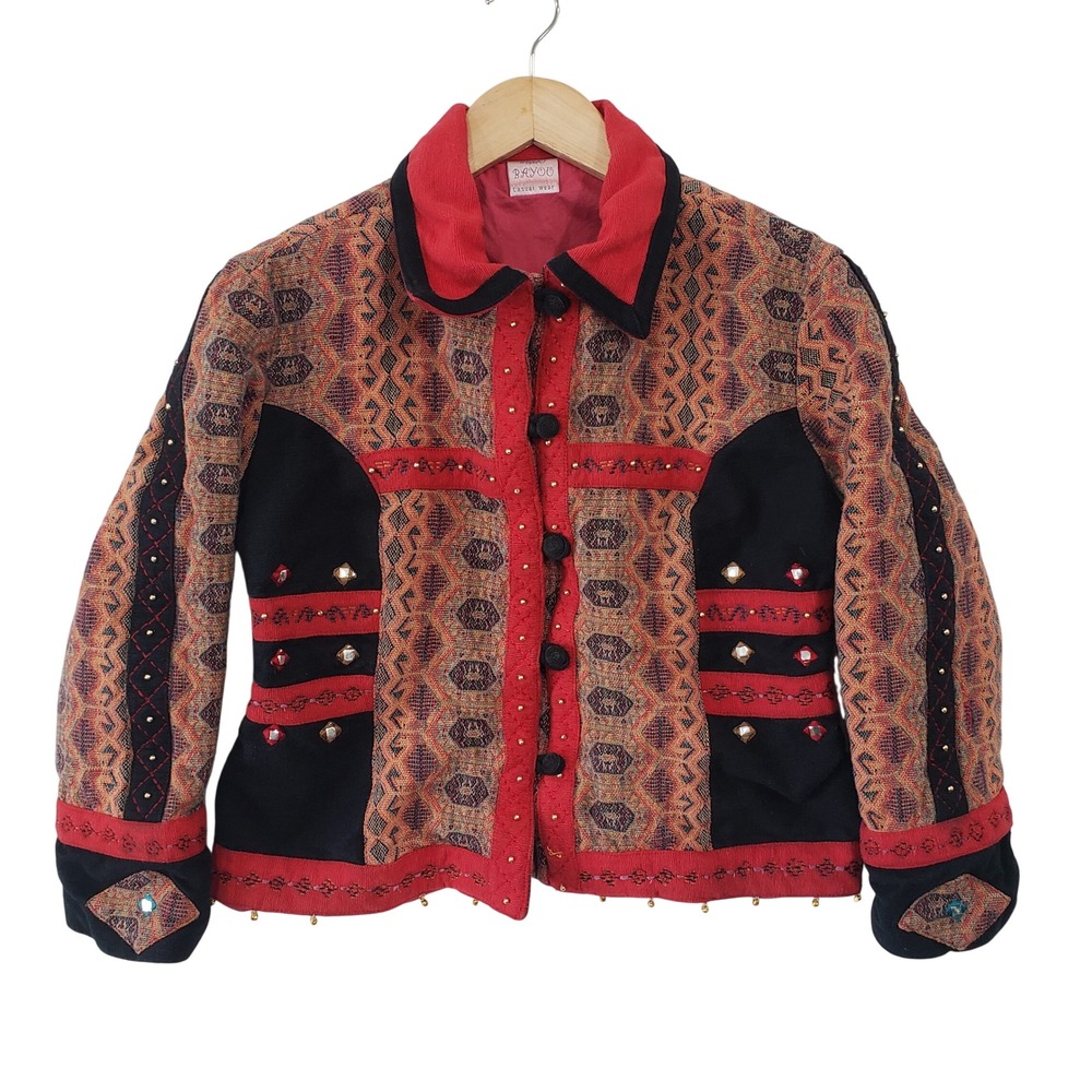 Vintage Bleu Bayou Womens Small Tapestry Beaded Mirror Stud Cotton Jacket‎ Artsy